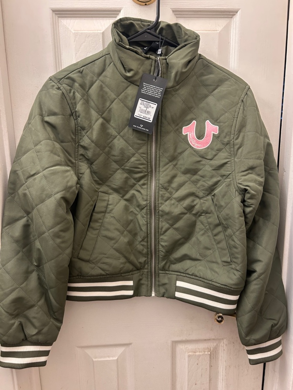 True Religion Olive Quilted Puffer Jacket with Pink Logo